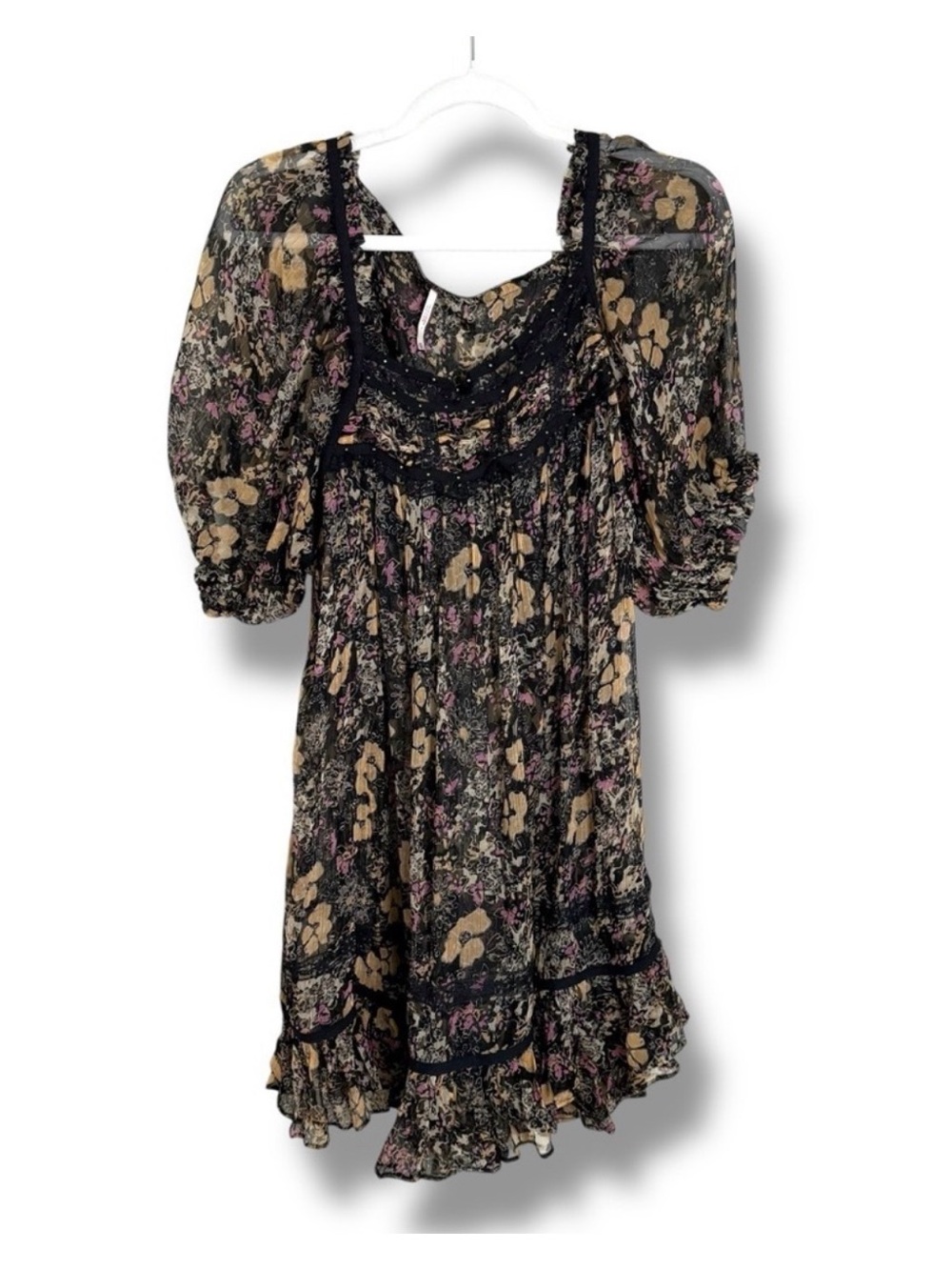 Free people Black Floral Puff-Sleeve Midi Dress